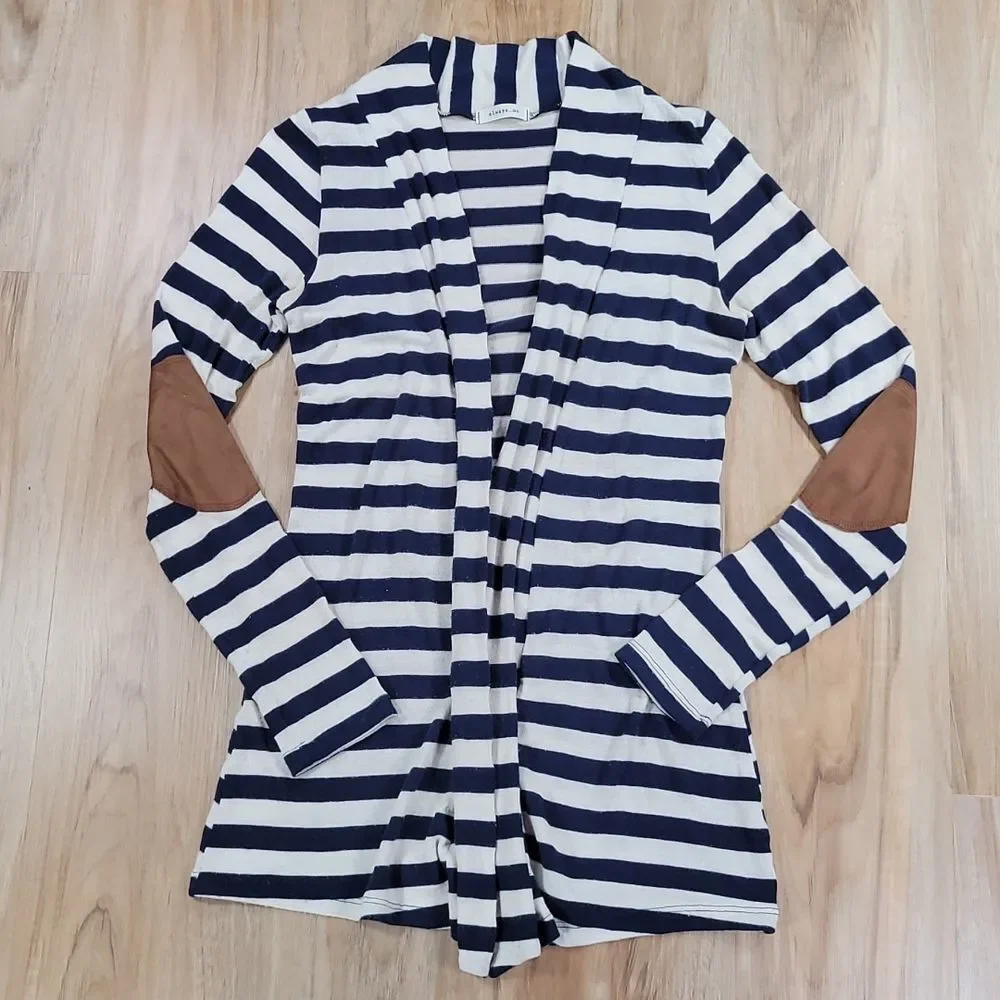 🔸️Always Me Blue Striped Open Front Elbow Patch Sweater Medium - Picture 2 of 9